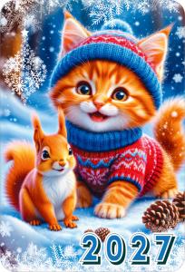 2027 Календарь карманный (Рыжий котик в шапке с белочкой).