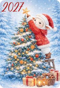 Календарь карманный 2027 «Овечки новогодние» (овечка наряжает елку)