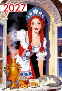 Календарь карманный на 2027 год (девушка в кокошнике с самоваром и кошкой)
