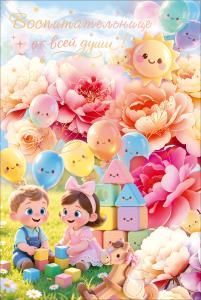 Открытка «Воспитательнице с благодарностью» (дети, солнце, цветы, воздушные шары)