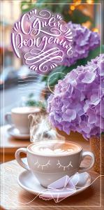 Конверт для денег "С Днём рождения!" (чашка с блюдцем, сиреневые цветы)