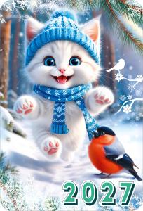 2027 Календарь карманный (Белый котик в шапке и снегирь).