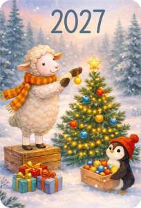 Календарь карманный 2027 «Ретро овечки» (овечка с пингвином наряжают елку)