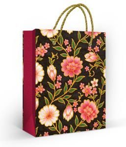 Пакет подарочный «Малиновые цветы» (S) (цветы на чёрном)