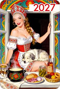 Календарь карманный на 2027 год (девушка в кокошнике с супницей и собакой на коленях)