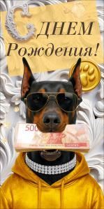 Конверт для денег «С Днем Рождения!» (доберман в очках, деньги)