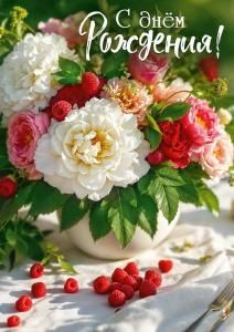 Открытка «С днем рождения!» (бело-розовые пионы)