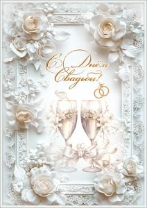 Открытка с карманом «С Днём Свадьбы!» (розы, рамка, бокалы, бант, кольца)