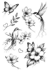 Татуировка временная "Колибри в цветах" (колибри, цветы)