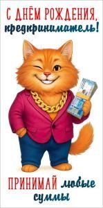Конверт для денег «С Днём рождения, предприниматель! Принимай любые суммы» (улыбающийся кот с цепью и в костюме, в лапе пачка денег)