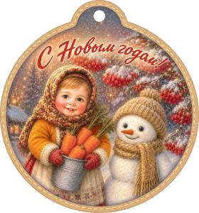 Бирка "С Новым годом!" (девочка с морковками и снеговик)