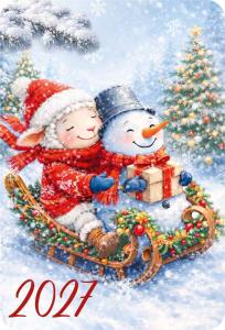 Календарь карманный 2027 «Овечки новогодние» (овечка на санках со снеговиком)