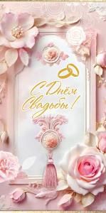 Конверт для денег «С Днём Свадьбы!» (золотые кольца, декоративная кисть, розовая роза, светлые цветы и листья)