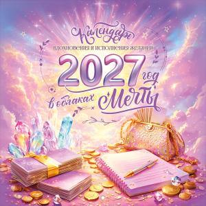 Календарь перекидной на 2027 год "В облаках мечты" (деньги, кристаллы, блокнот с ручкой, сумочка)
