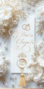 Конверт для денег «С Днём Свадьбы!» (кольца, декоративная кисть, белые цветы, жемчуг)