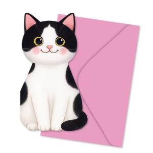 Открытка без надписи, котик черно-белый, с художественным конвертом