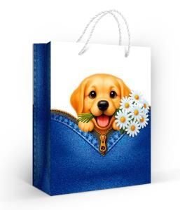 Пакет подарочный «Щенок с ромашками» (M)