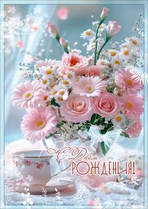 Открытка "С Днём рождения!" (букет из разных цветов с бантом рядом с чашкой на блюдце)