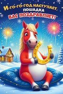 Открытка «»Иго-го-год наступает, лошадка вас поздравляет!«