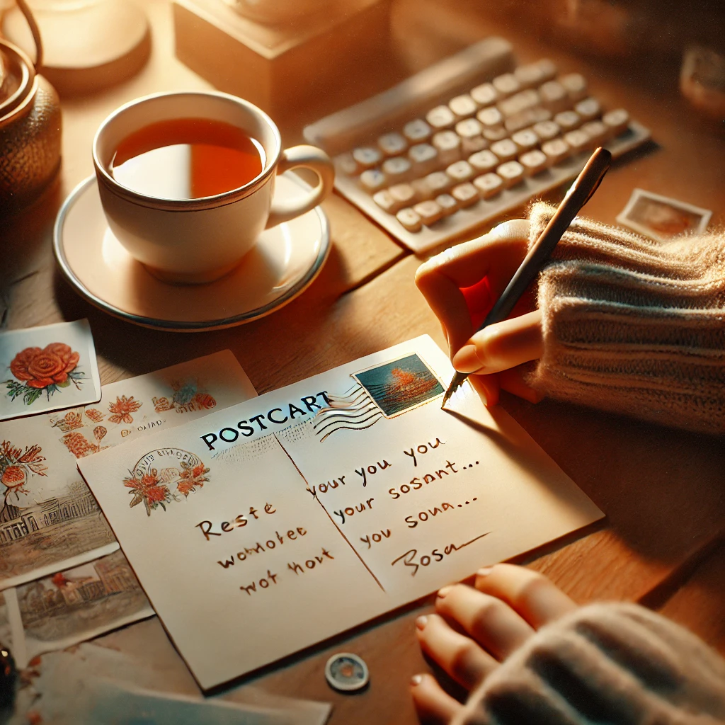 DALL·E 2025-02-04 12.34.58 - A heartwarming illustration of a person writing a postcard with love and care. The scene includes a cozy desk, a cup of tea, and warm lighting, emphas.webp