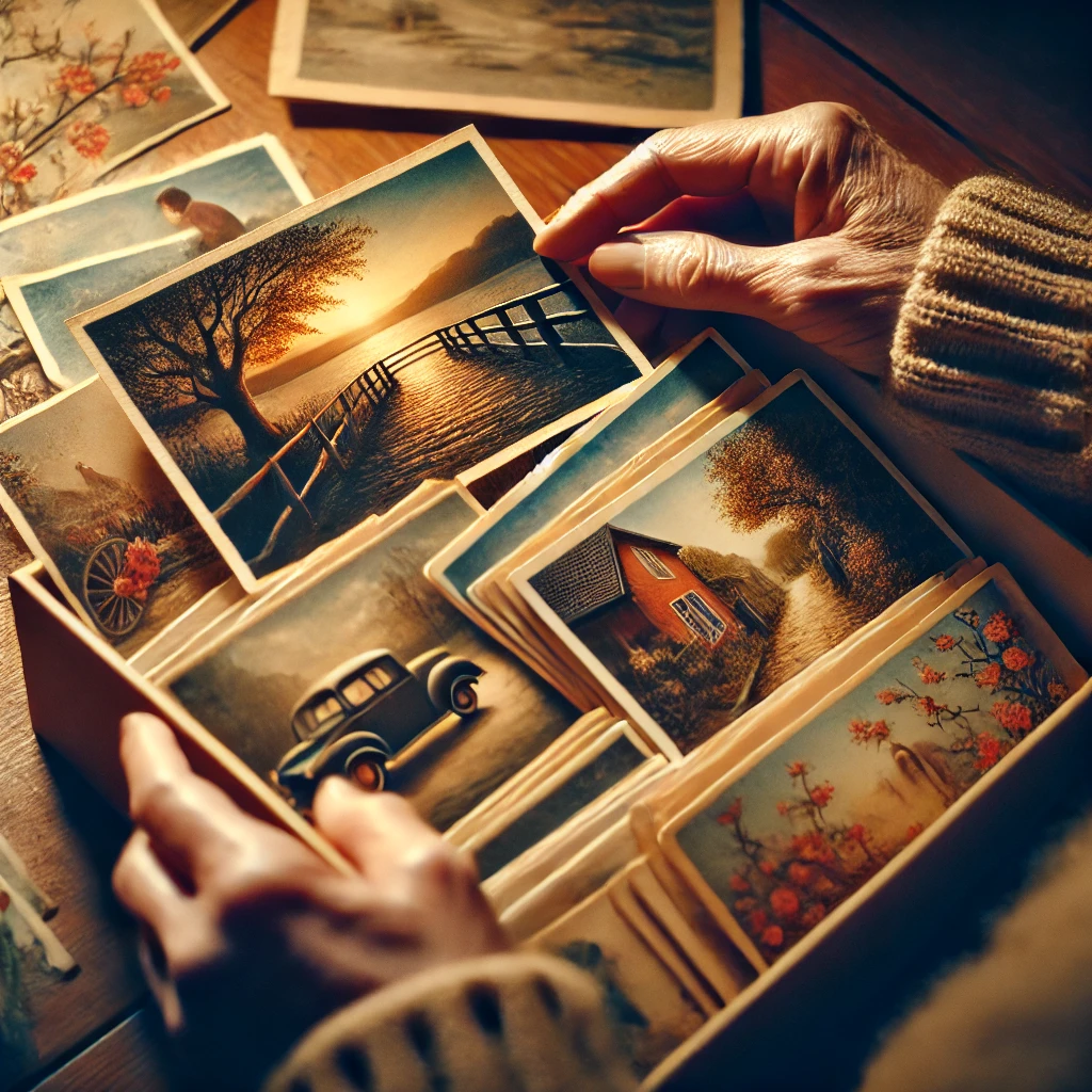 DALL·E 2025-02-04 12.35.02 - An emotional scene of a person reminiscing while looking at a collection of old postcards. The image conveys nostalgia, warmth, and a sense of treasur.webp